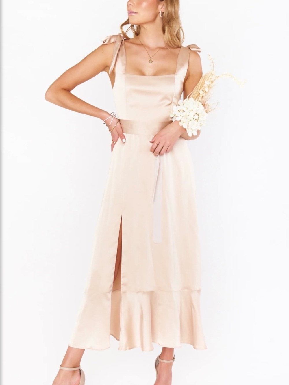 Show me your MuMu Claire Tie-Shoulder Satin Midi Dress in champagne